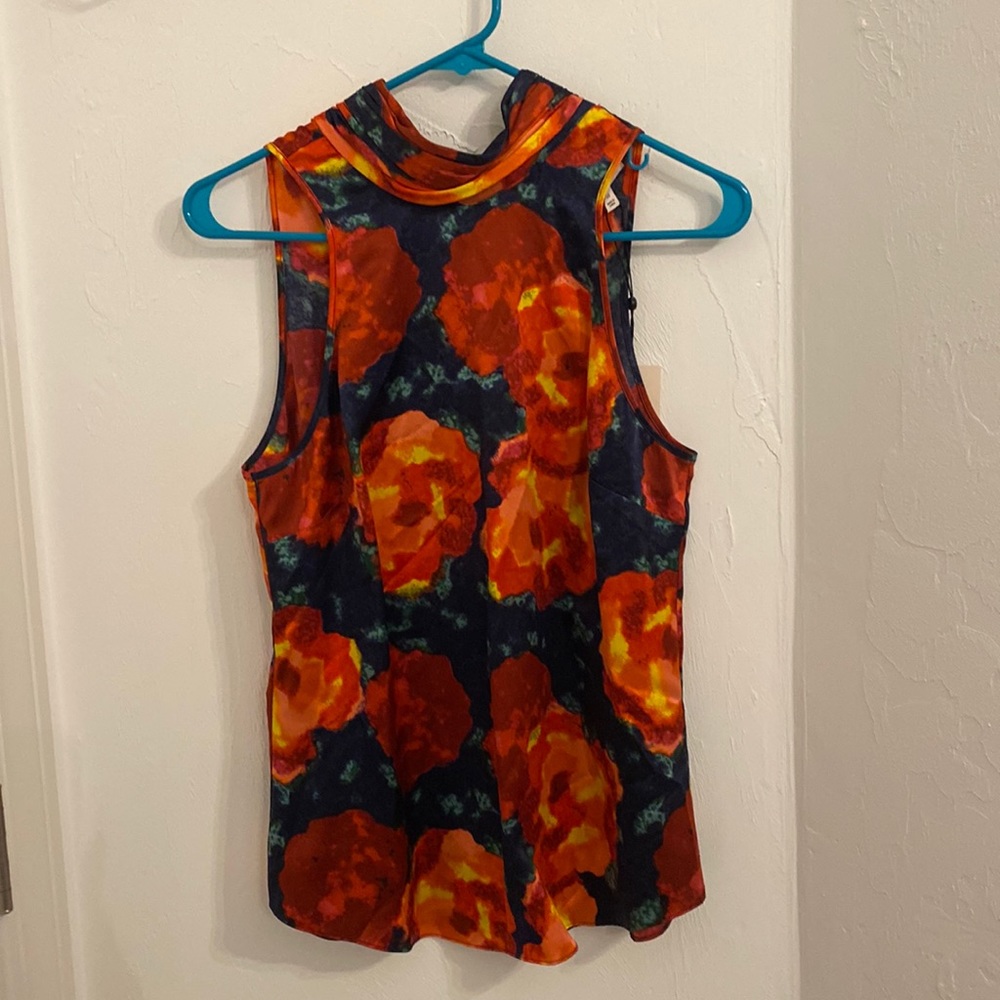 Cinq a Sept silk navy multi colored floral sleeveless top. NWT. Size XS